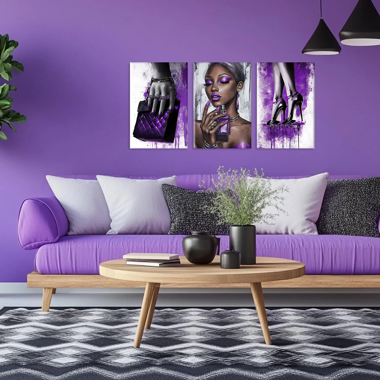 OAAPITI 3 Panel Purple Theme Canvas Wall Art High Heels Black Girl Perfume Handbags Art Print Stylish African American Artwork for Bedroom Dressing Room(Artwork-4,24"x36"x3pcs)