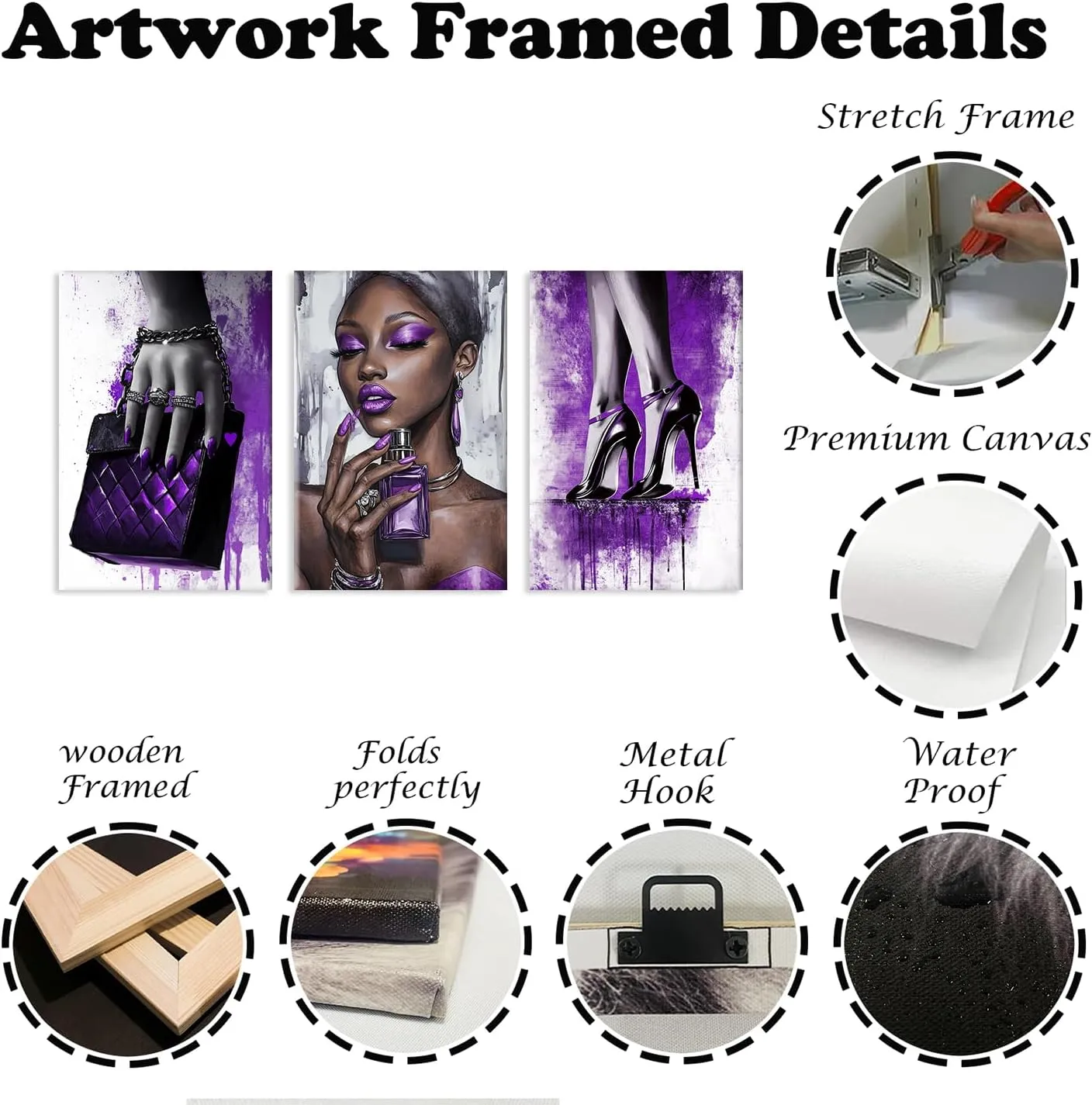 OAAPITI 3 Panel Purple Theme Canvas Wall Art High Heels Black Girl Perfume Handbags Art Print Stylish African American Artwork for Bedroom Dressing Room(Artwork-4,24"x36"x3pcs)