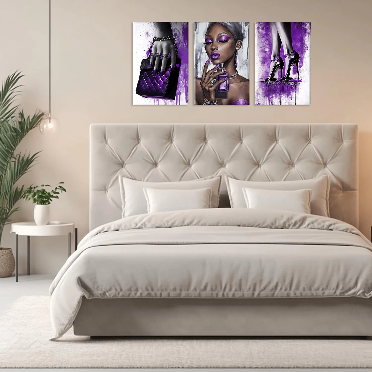 OAAPITI 3 Panel Purple Theme Canvas Wall Art High Heels Black Girl Perfume Handbags Art Print Stylish African American Artwork for Bedroom Dressing Room(Artwork-4,24"x36"x3pcs)