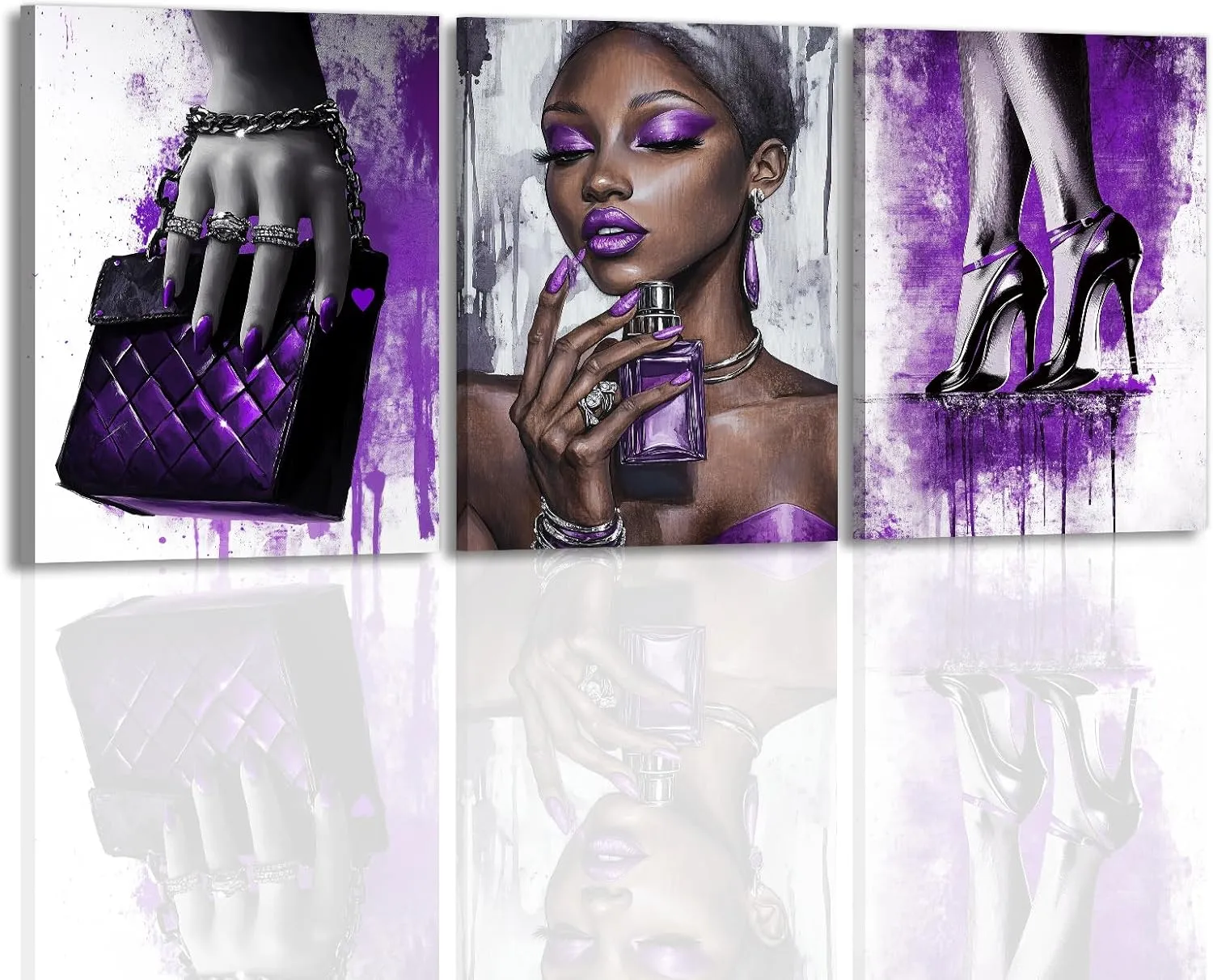 OAAPITI 3 Panel Purple Theme Canvas Wall Art High Heels Black Girl Perfume Handbags Art Print Stylish African American Artwork for Bedroom Dressing Room(Artwork-4,24"x36"x3pcs)