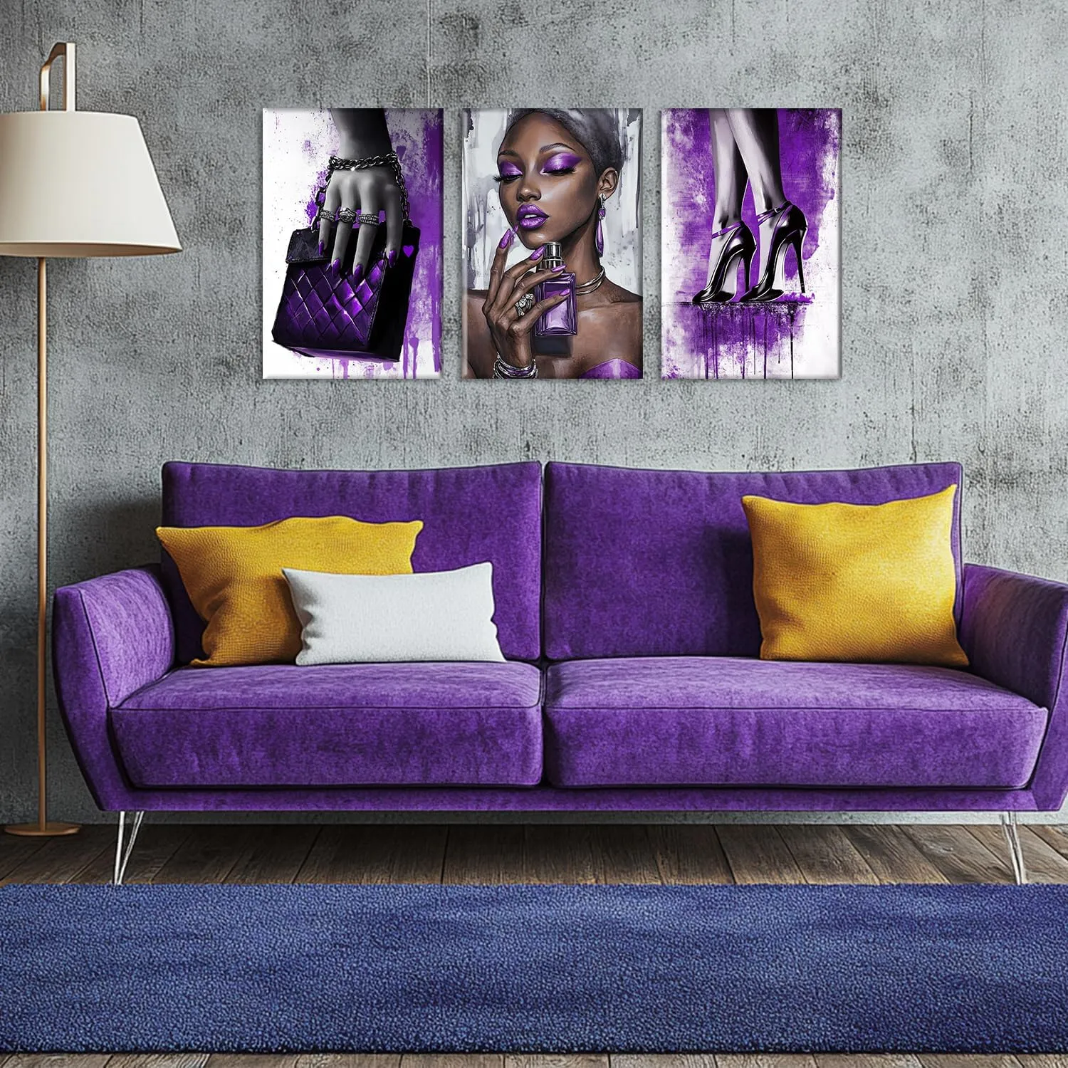 OAAPITI 3 Panel Purple Theme Canvas Wall Art High Heels Black Girl Perfume Handbags Art Print Stylish African American Artwork for Bedroom Dressing Room(Artwork-4,24"x36"x3pcs)