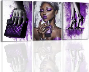 OAAPITI 3 Panel Purple Theme Canvas Wall Art High Heels Black Girl Perfume Handbags Art Print Stylish African American Artwork for Bedroom Dressing Room(Artwork-4,24"x36"x3pcs)