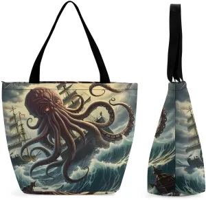 Octopus Monster Storm Waves and Sailors Ship Personalized Shoulder Bag for Women Casual Handbags Shopping Bags Tote Bag for Work Travel