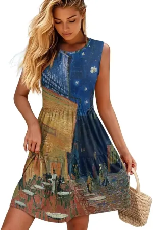 Oil Painting Printed Womens Summer Sundress Casual Tank Sleeveless Tiered Swing A Line Beach Dress for Party