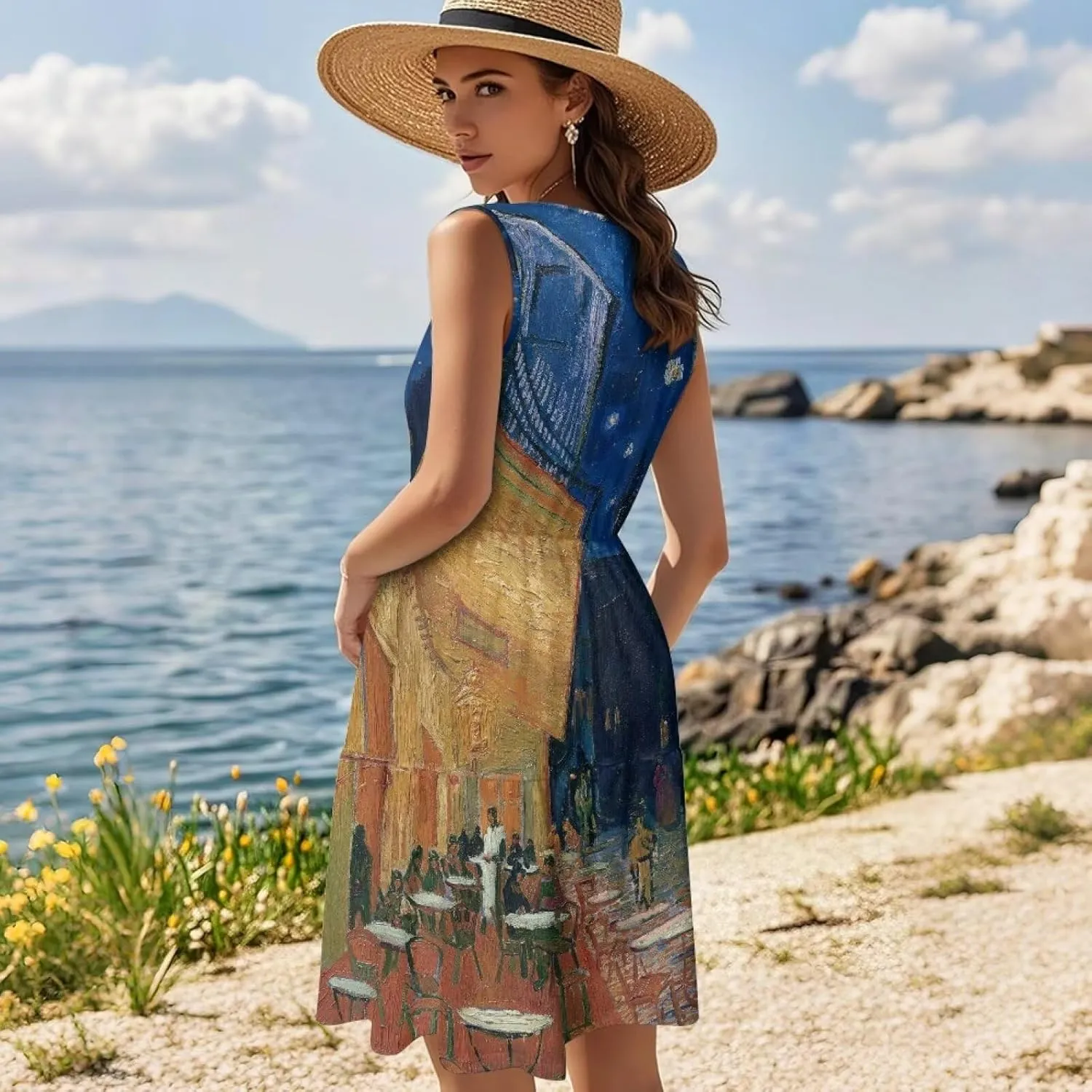Oil Painting Printed Womens Summer Sundress Casual Tank Sleeveless Tiered Swing A Line Beach Dress for Party