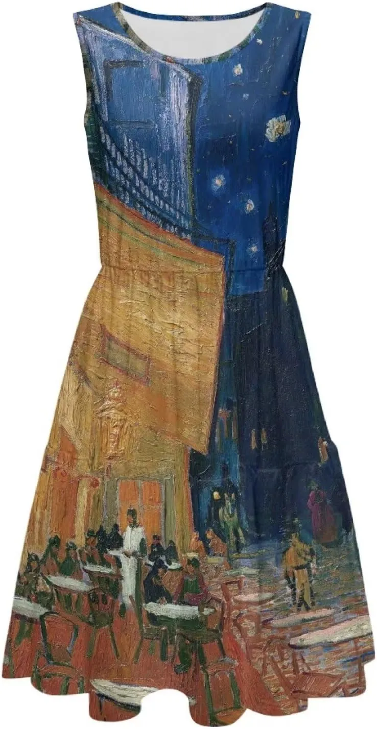 Oil Painting Printed Womens Summer Sundress Casual Tank Sleeveless Tiered Swing A Line Beach Dress for Party