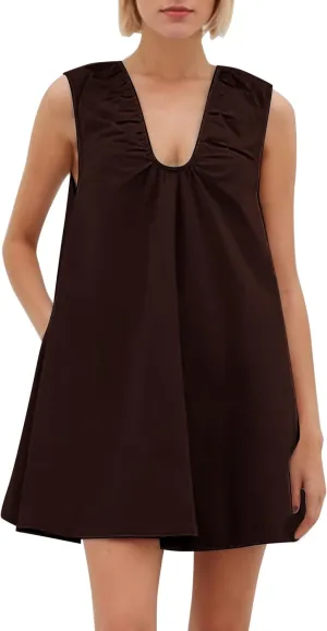 OLAPTA Women Summer Sleeveless Babydoll Mini Tank Dresses Loose Fit Scoop Neck Ruched Short Dress with Pockets Party Clubwear