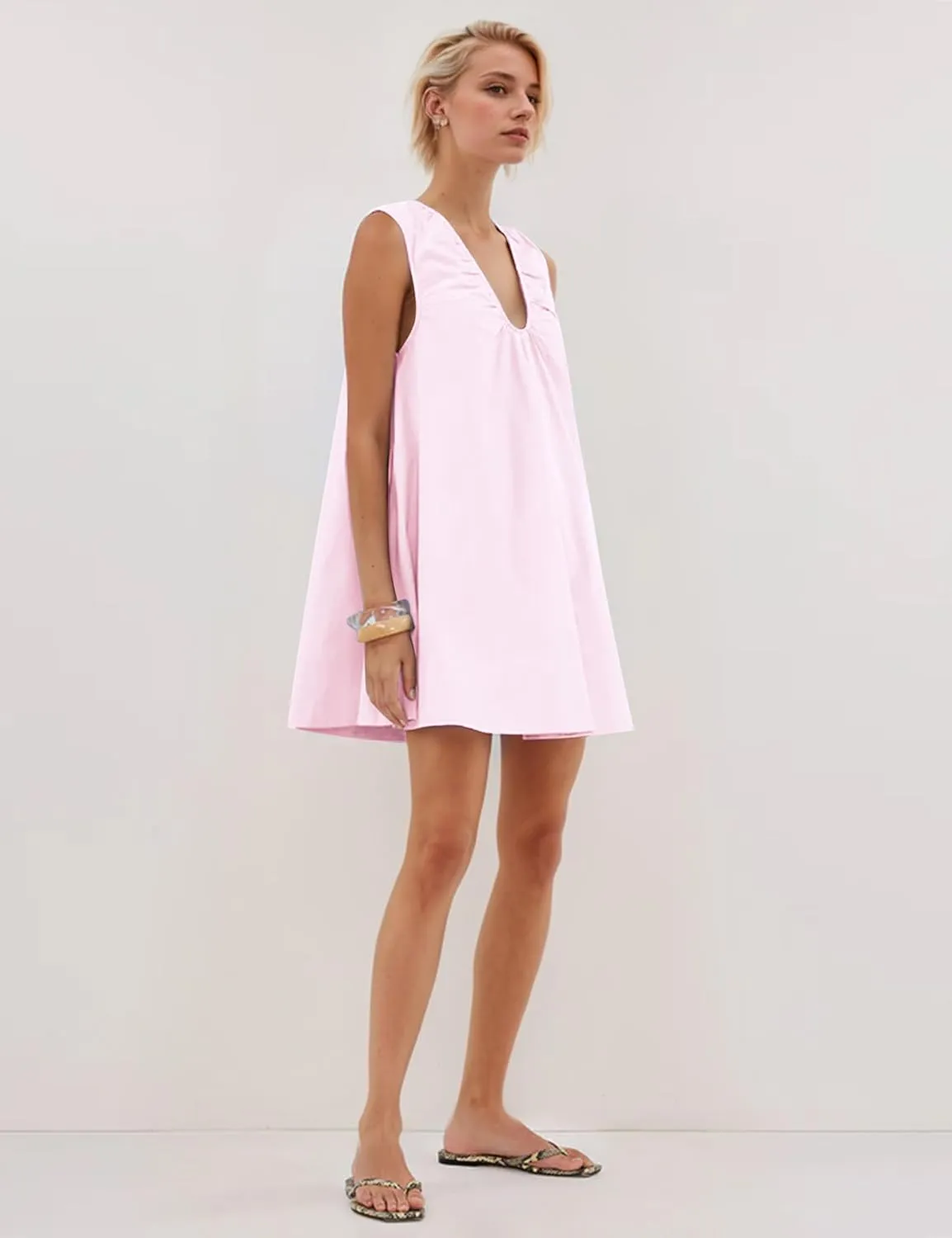OLAPTA Women Summer Sleeveless Babydoll Mini Tank Dresses Loose Fit Scoop Neck Ruched Short Dress with Pockets Party Clubwear