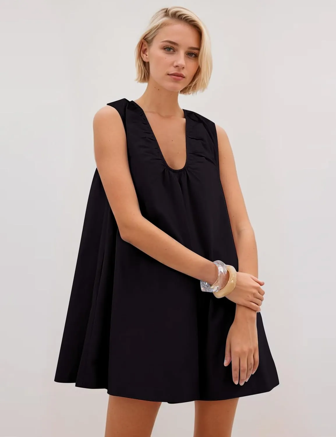 OLAPTA Women Summer Sleeveless Babydoll Mini Tank Dresses Loose Fit Scoop Neck Ruched Short Dress with Pockets Party Clubwear