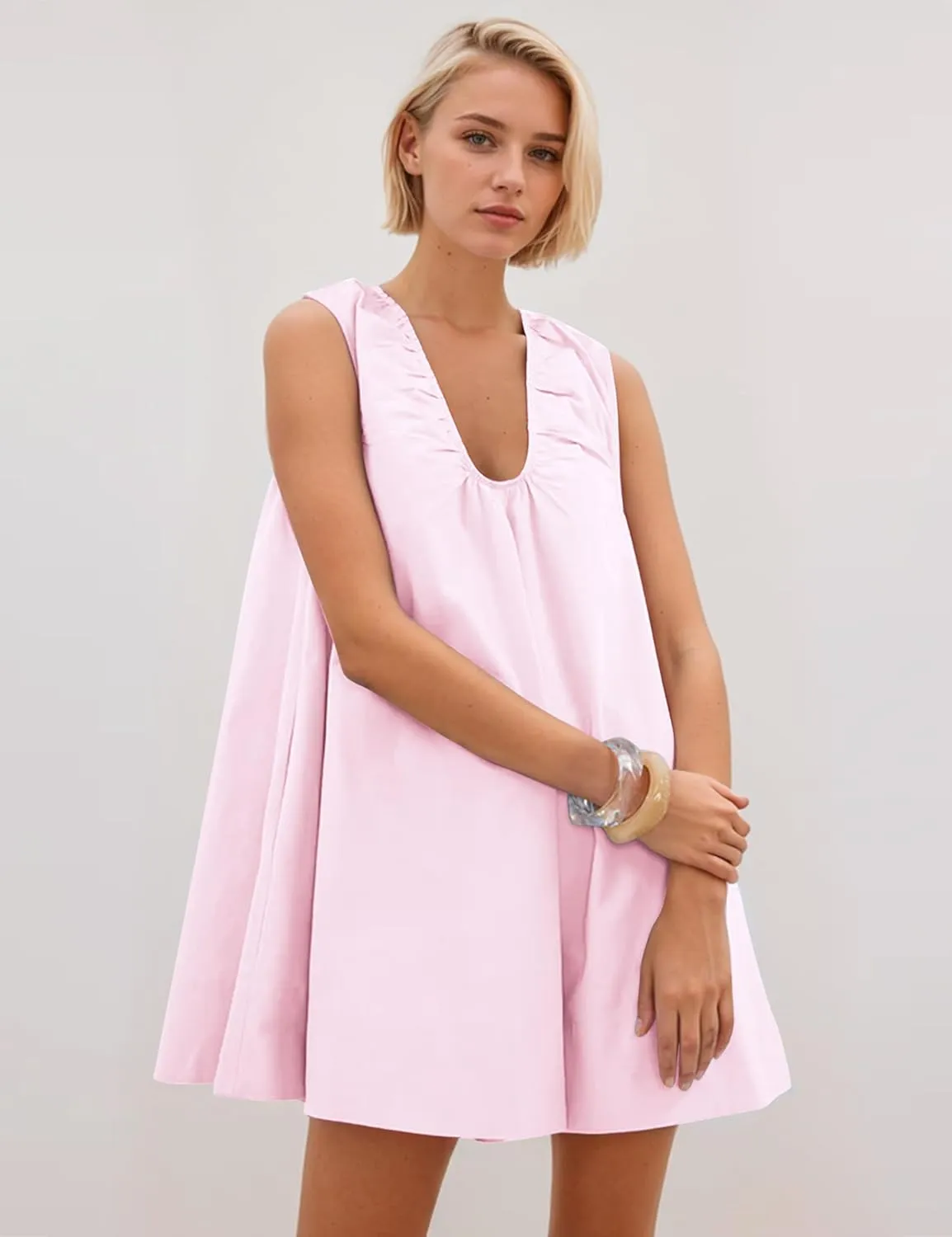 OLAPTA Women Summer Sleeveless Babydoll Mini Tank Dresses Loose Fit Scoop Neck Ruched Short Dress with Pockets Party Clubwear