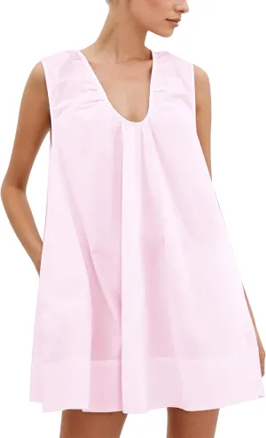 OLAPTA Women Summer Sleeveless Babydoll Mini Tank Dresses Loose Fit Scoop Neck Ruched Short Dress with Pockets Party Clubwear