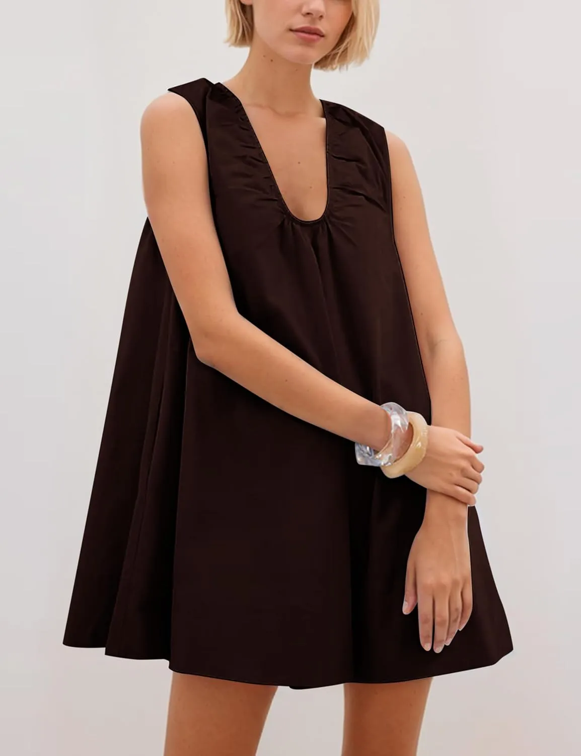 OLAPTA Women Summer Sleeveless Babydoll Mini Tank Dresses Loose Fit Scoop Neck Ruched Short Dress with Pockets Party Clubwear
