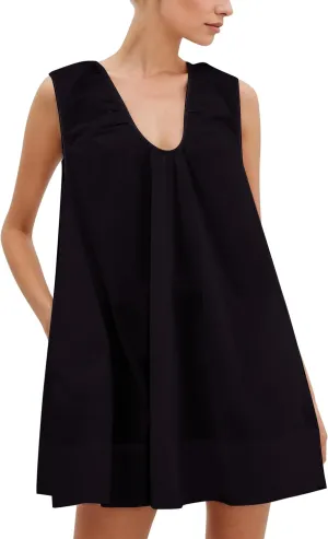 OLAPTA Women Summer Sleeveless Babydoll Mini Tank Dresses Loose Fit Scoop Neck Ruched Short Dress with Pockets Party Clubwear