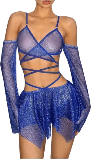 OYOANGLE Women's 2 Piece Mesh Sheer Criss Cross Crop Top and Asymmetrical Mini Skirt Party Rave Outfits