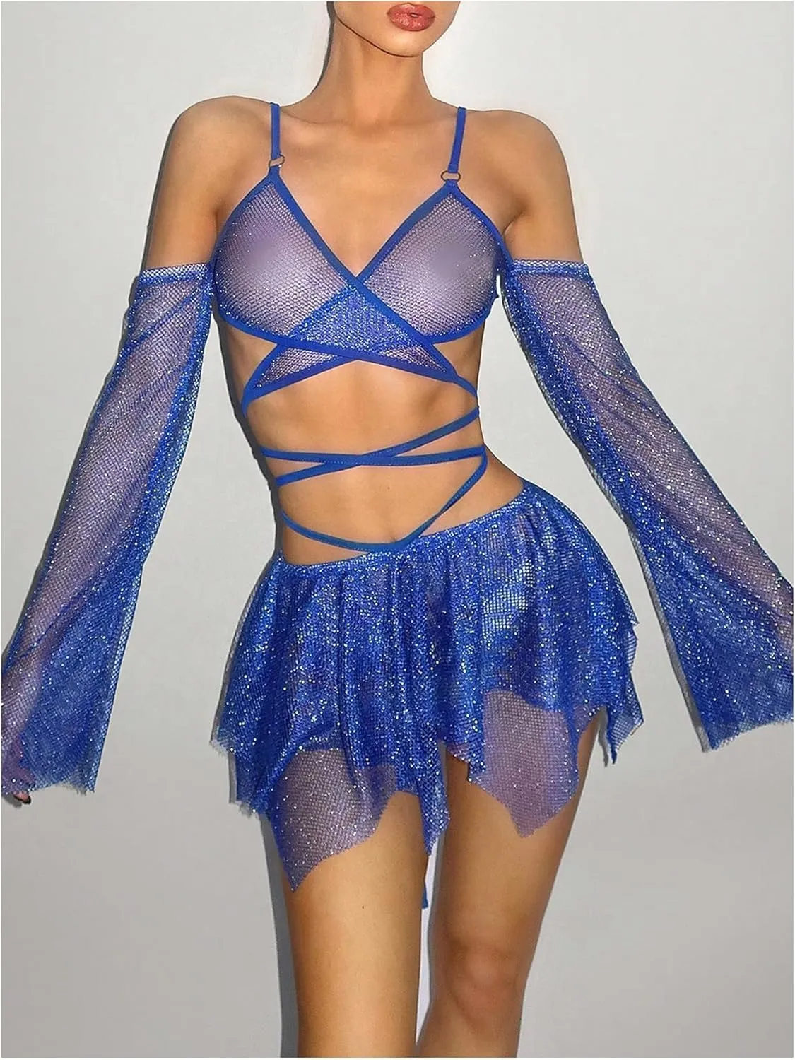 OYOANGLE Women's 2 Piece Mesh Sheer Criss Cross Crop Top and Asymmetrical Mini Skirt Party Rave Outfits