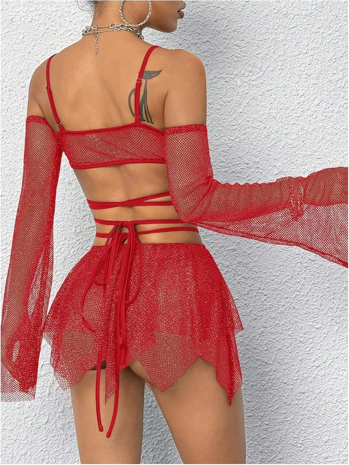OYOANGLE Women's 2 Piece Mesh Sheer Criss Cross Crop Top and Asymmetrical Mini Skirt Party Rave Outfits