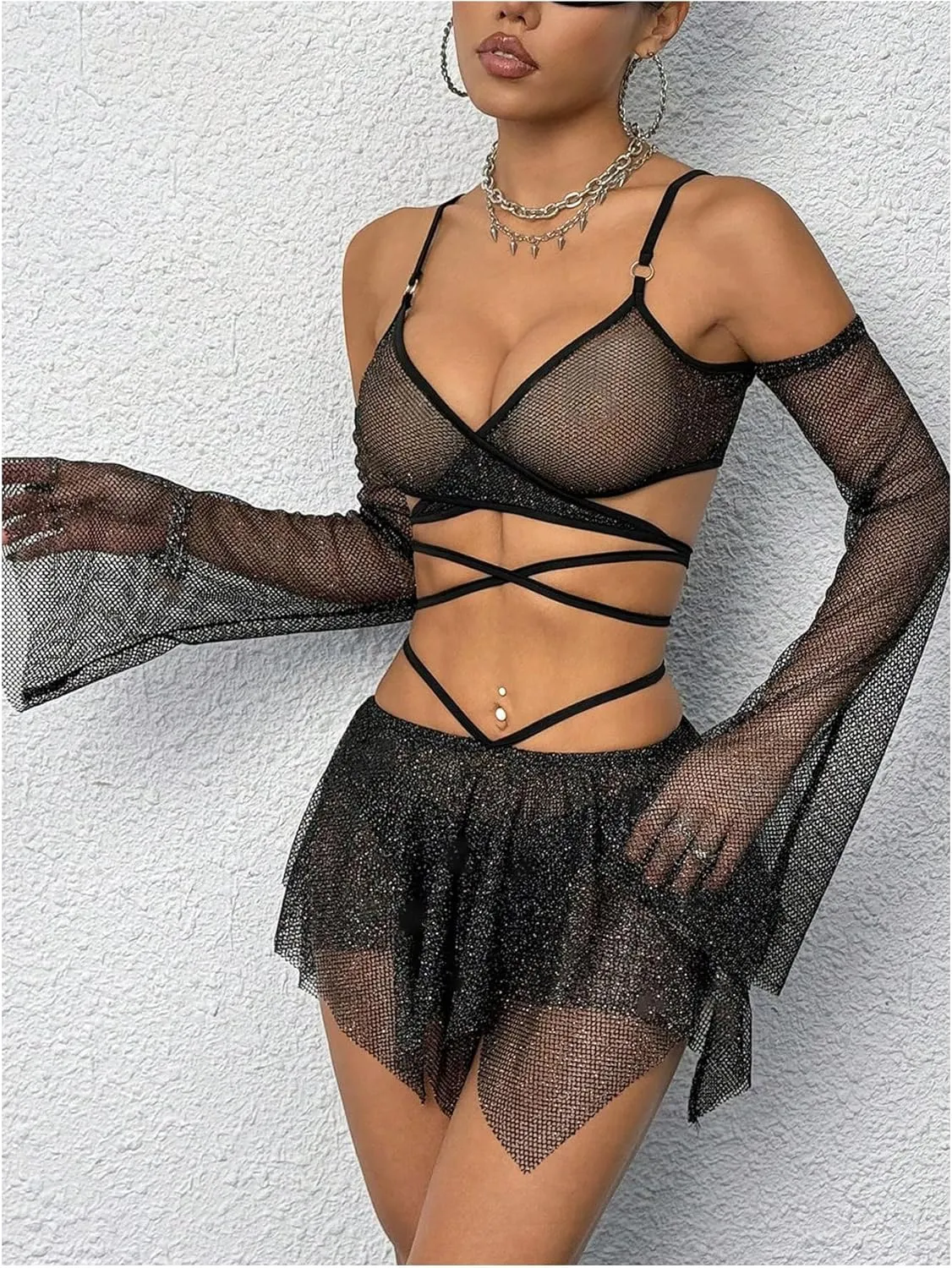 OYOANGLE Women's 2 Piece Mesh Sheer Criss Cross Crop Top and Asymmetrical Mini Skirt Party Rave Outfits