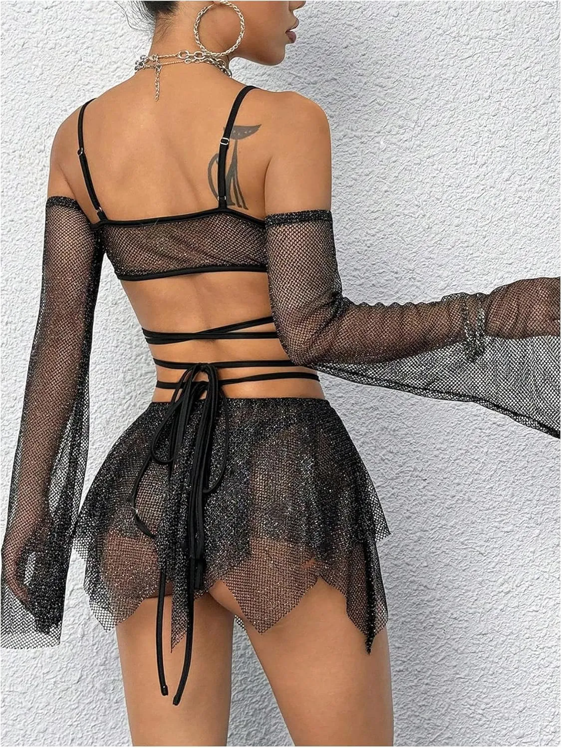 OYOANGLE Women's 2 Piece Mesh Sheer Criss Cross Crop Top and Asymmetrical Mini Skirt Party Rave Outfits