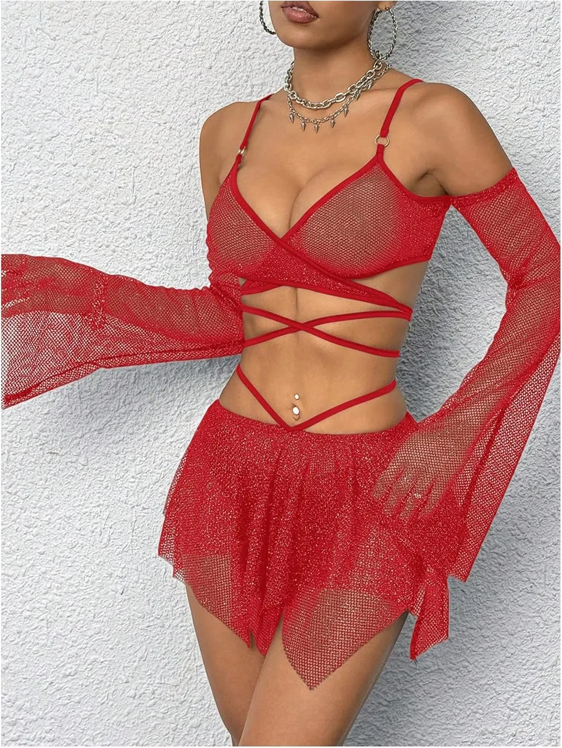 OYOANGLE Women's 2 Piece Mesh Sheer Criss Cross Crop Top and Asymmetrical Mini Skirt Party Rave Outfits