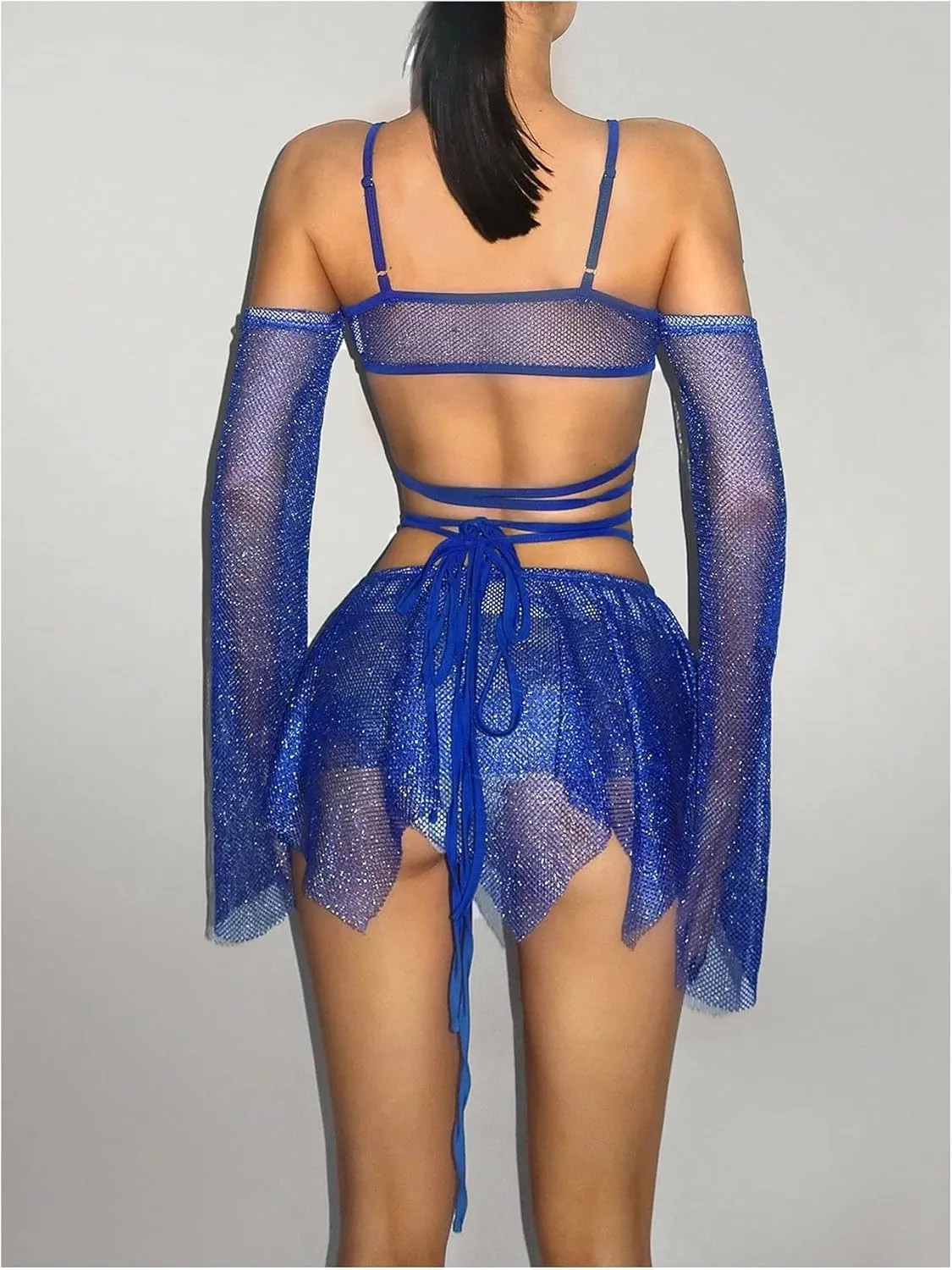 OYOANGLE Women's 2 Piece Mesh Sheer Criss Cross Crop Top and Asymmetrical Mini Skirt Party Rave Outfits