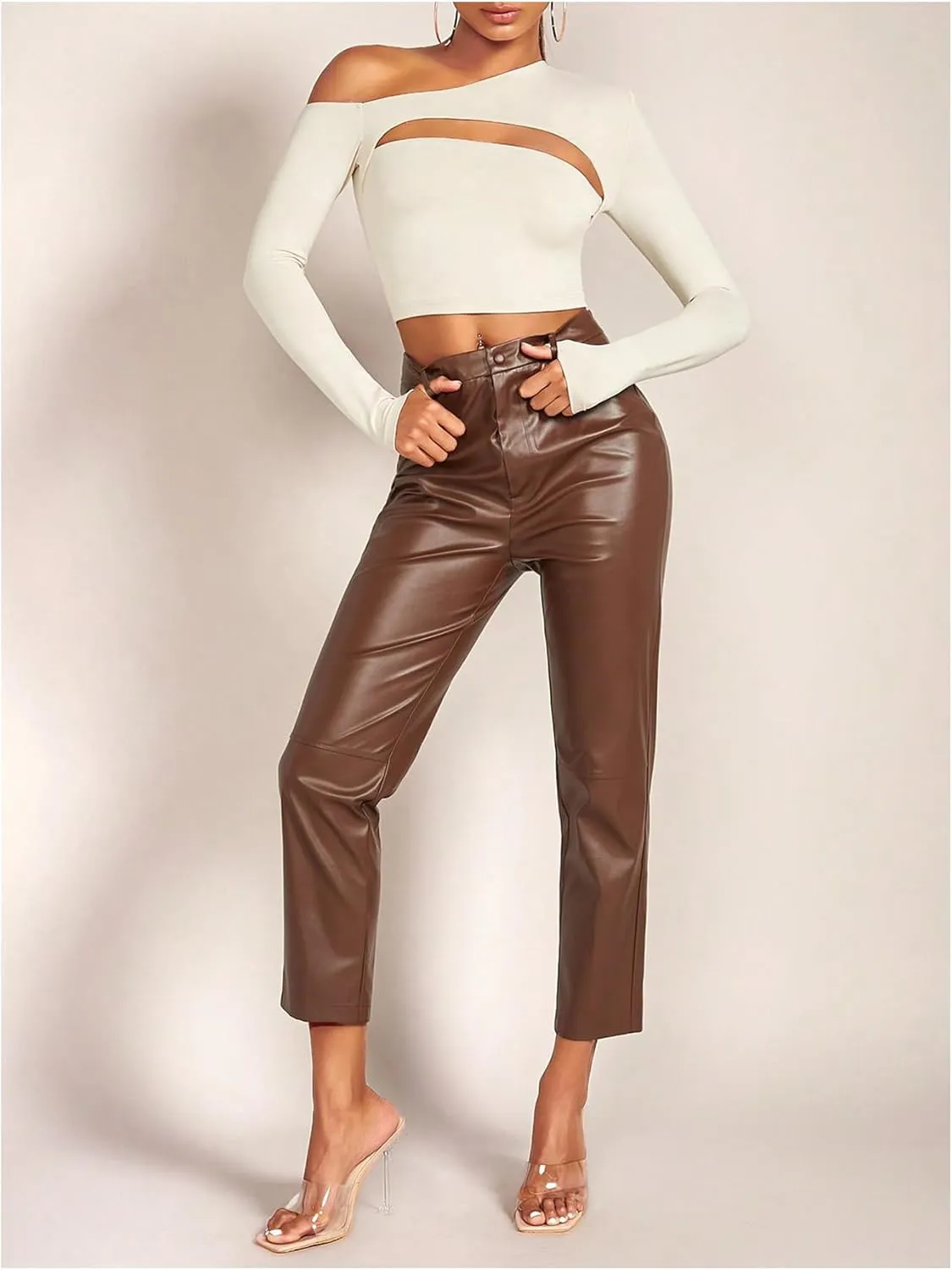 OYOANGLE Women's Cut Out One Shoulder Crop Top Asymmetrical Neck Long Sleeve Tee Shirt