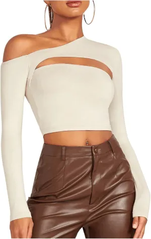 OYOANGLE Women's Cut Out One Shoulder Crop Top Asymmetrical Neck Long Sleeve Tee Shirt