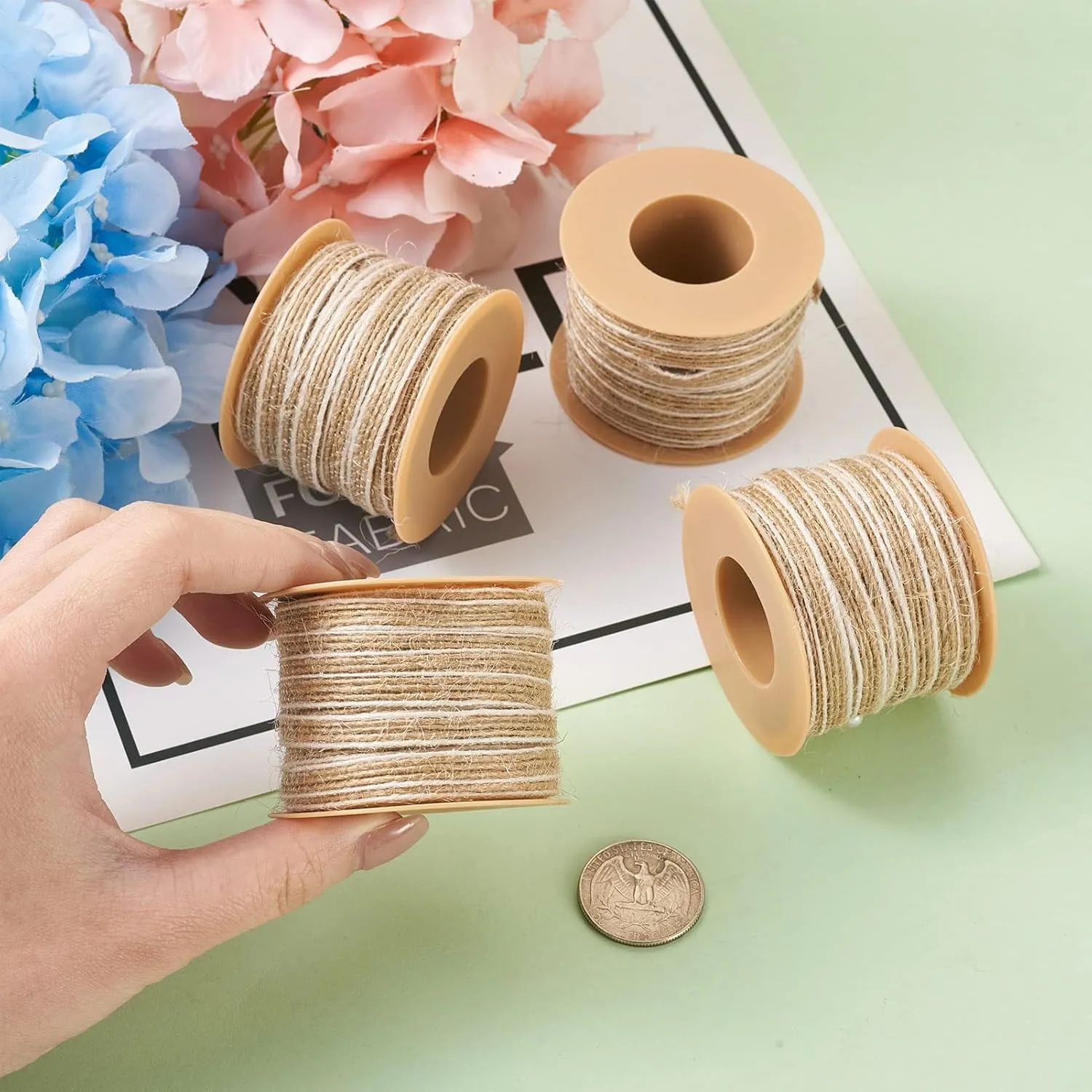 Pandahall 5 Rolls Burlap Ribbon Fabric 1/4 Inch Tan Flat Hessian Jute Ribbon Rolls Crafts with Spool for Wrapping Party Home Decoration
