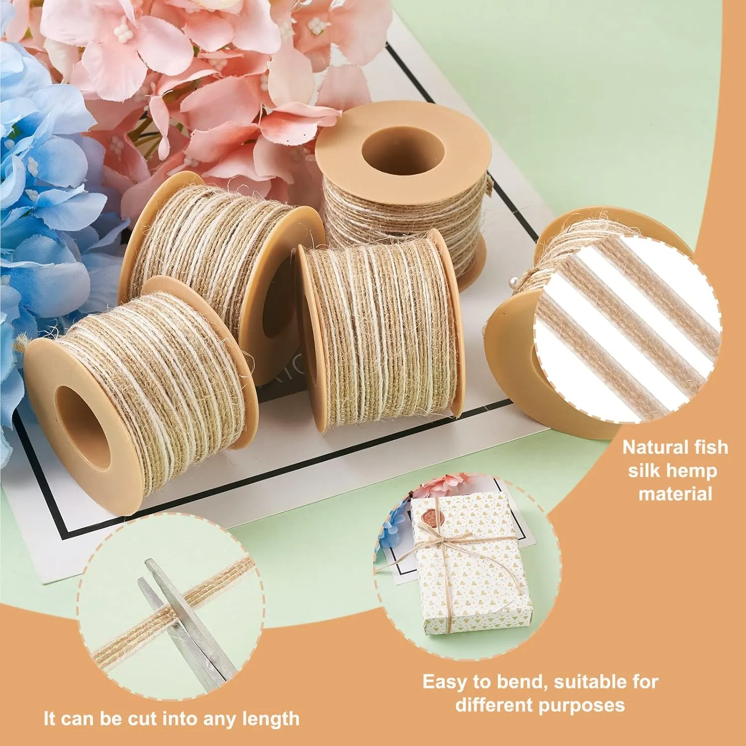 Pandahall 5 Rolls Burlap Ribbon Fabric 1/4 Inch Tan Flat Hessian Jute Ribbon Rolls Crafts with Spool for Wrapping Party Home Decoration