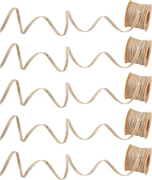 Pandahall 5 Rolls Burlap Ribbon Fabric 1/4 Inch Tan Flat Hessian Jute Ribbon Rolls Crafts with Spool for Wrapping Party Home Decoration