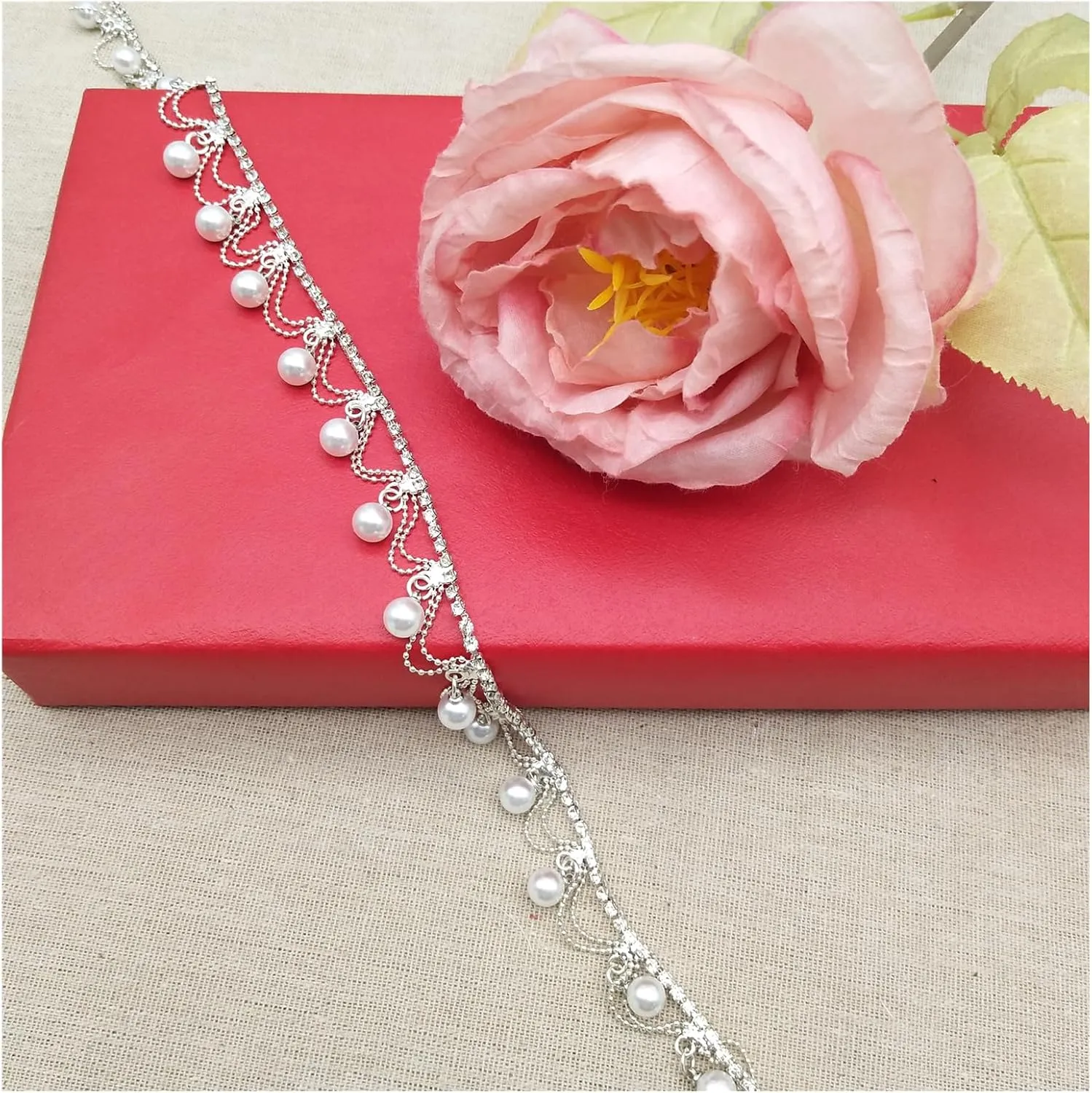 Pearl Rhinestone Trim Tassels Ribbon 1 Yards Beaded Chain for Crafts Clothes Wedding Dress Party DIY Decoration Handmade Necklace-3
