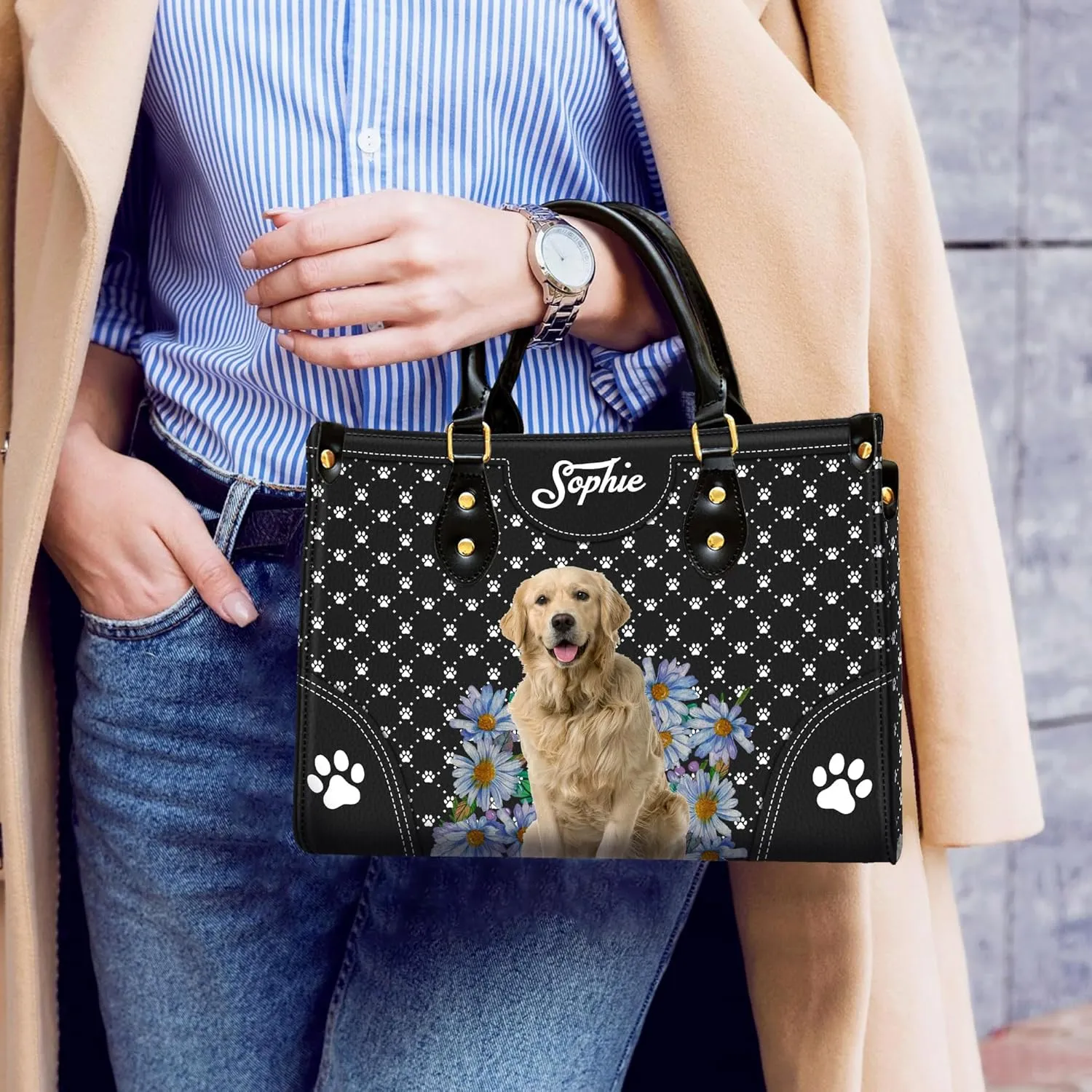 Personalized Golden Retriever Dog Handbags, Custom Name Dog Leather Bags, Purses, Shoulder Bag, Gift For Dog Mom Dog Lover