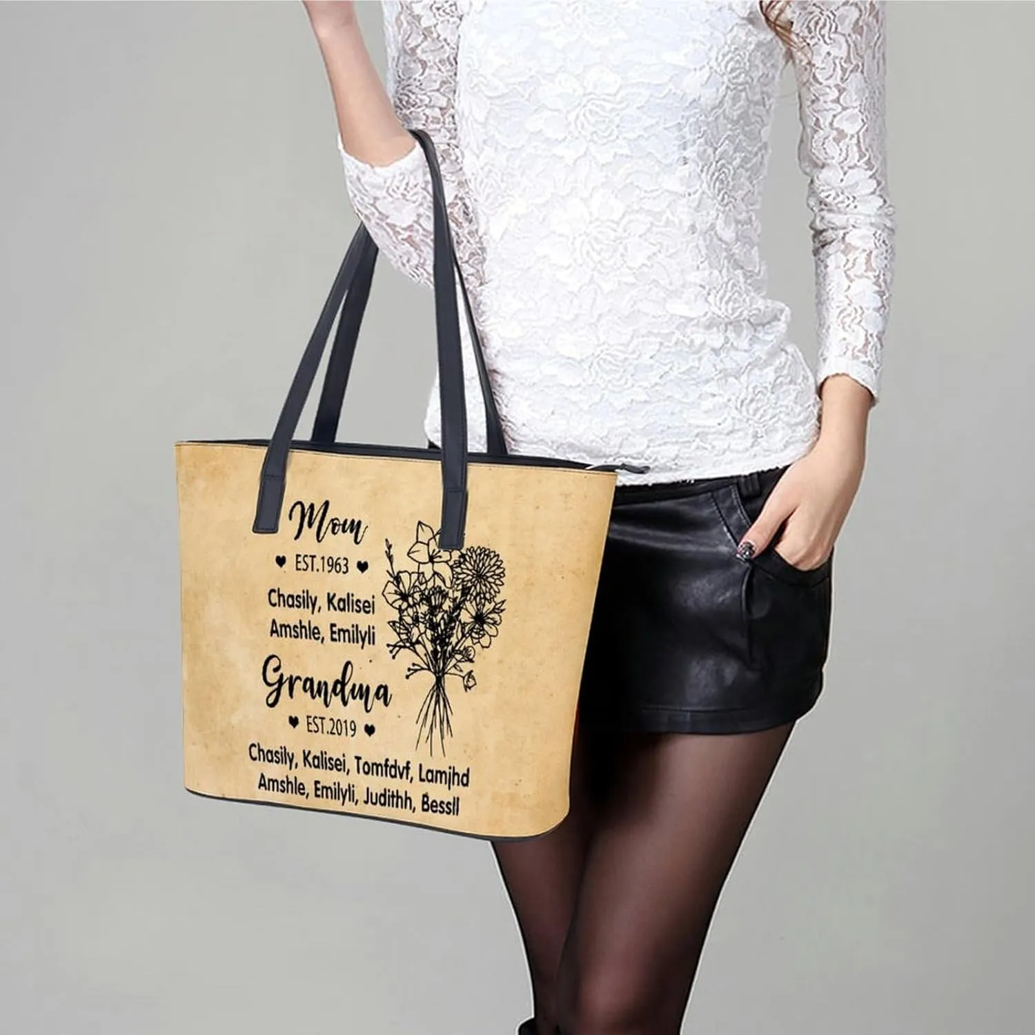 Personalized printed leather handbag, handbag with name birthday flower, suitable for beach, work, travel, gift for mother