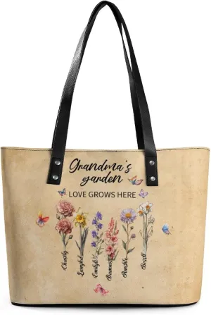 Personalized printed leather handbag, handbag with name birthday flower, suitable for beach, work, travel, gift for mother