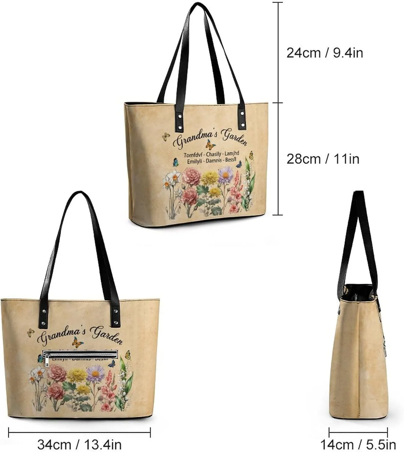 Personalized printed leather handbag, handbag with name birthday flower, suitable for beach, work, travel, gift for mother