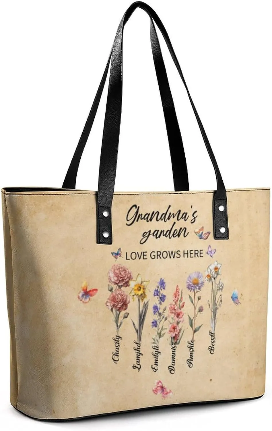 Personalized printed leather handbag, handbag with name birthday flower, suitable for beach, work, travel, gift for mother