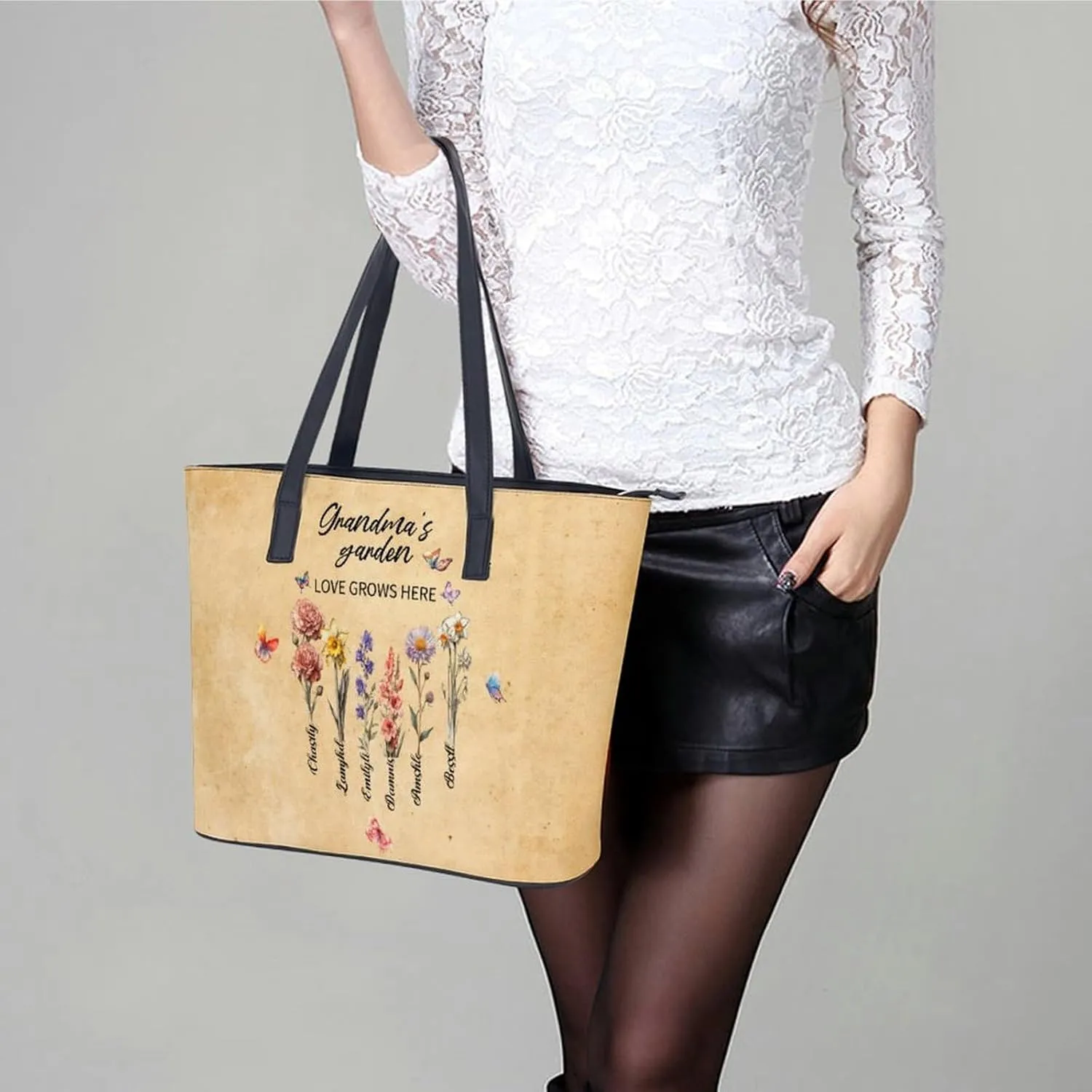 Personalized printed leather handbag, handbag with name birthday flower, suitable for beach, work, travel, gift for mother