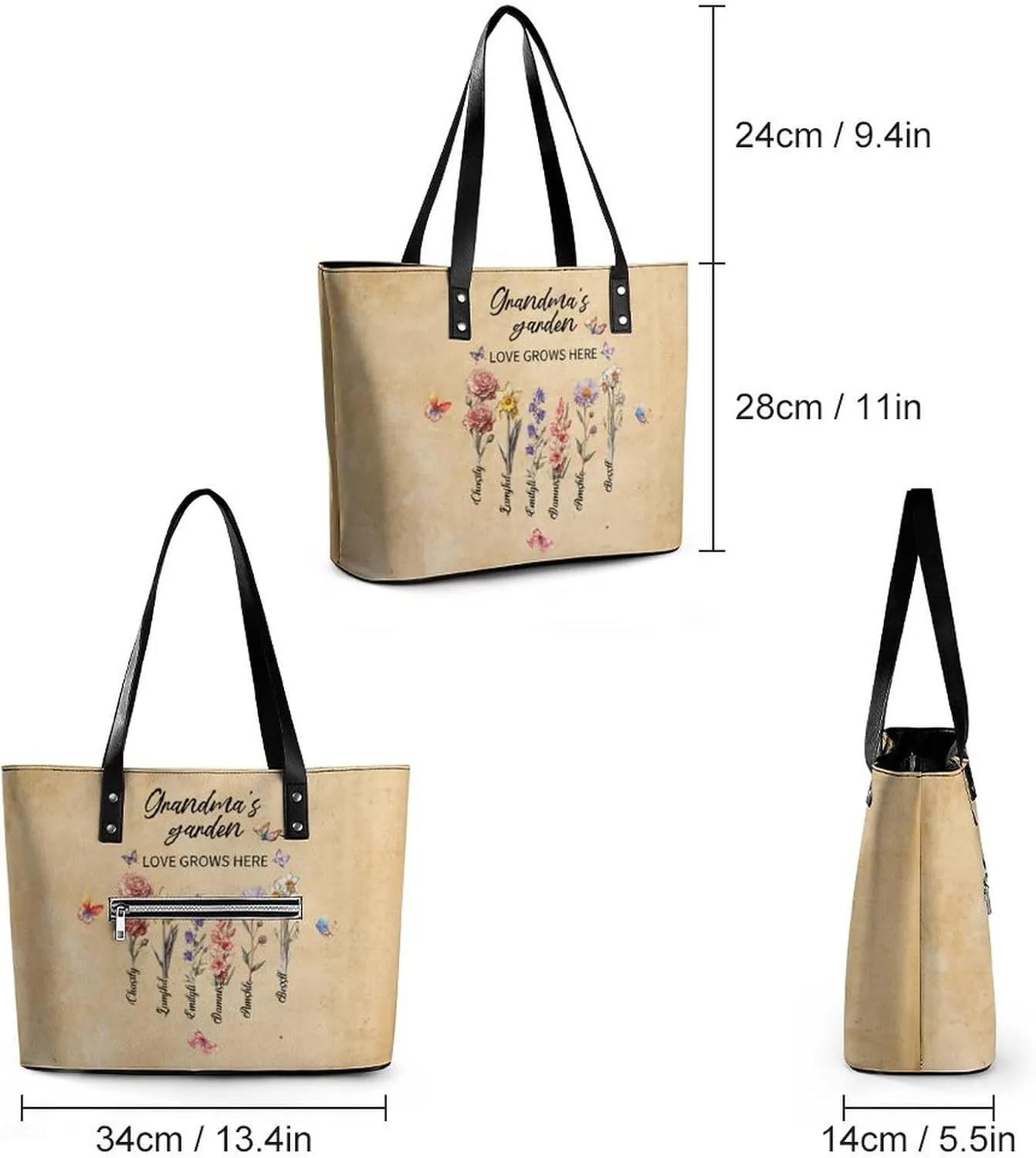 Personalized printed leather handbag, handbag with name birthday flower, suitable for beach, work, travel, gift for mother