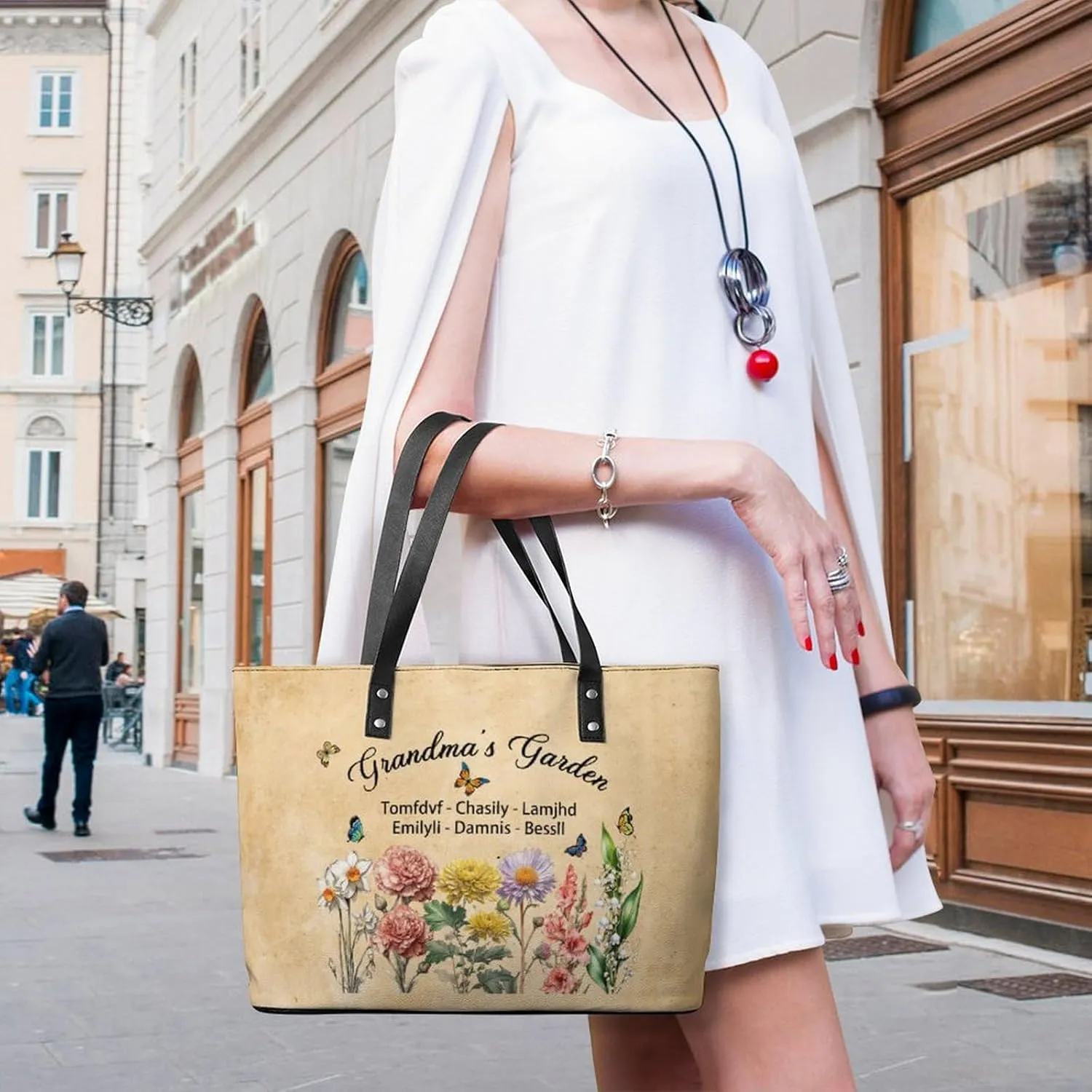 Personalized printed leather handbag, handbag with name birthday flower, suitable for beach, work, travel, gift for mother