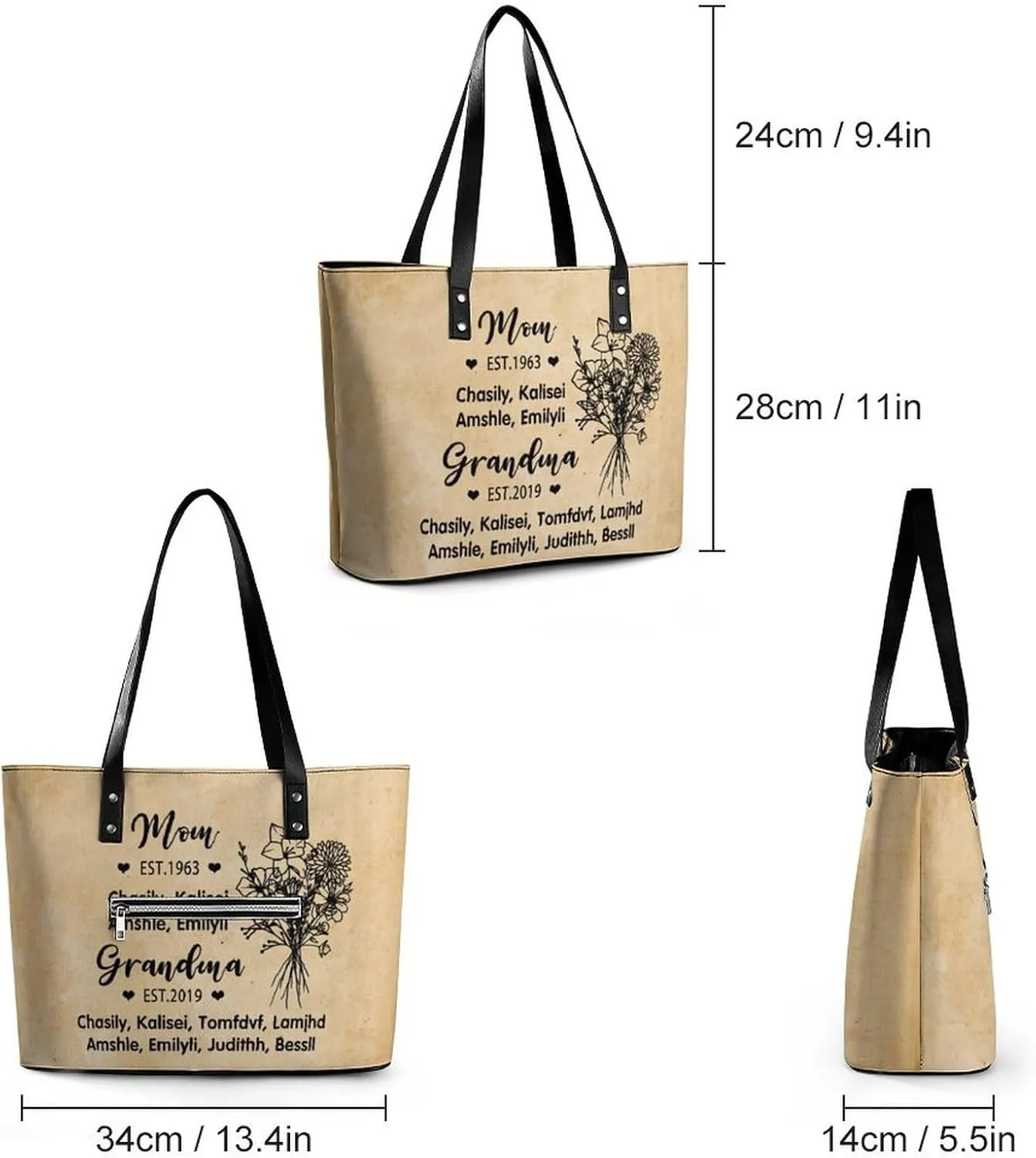 Personalized printed leather handbag, handbag with name birthday flower, suitable for beach, work, travel, gift for mother