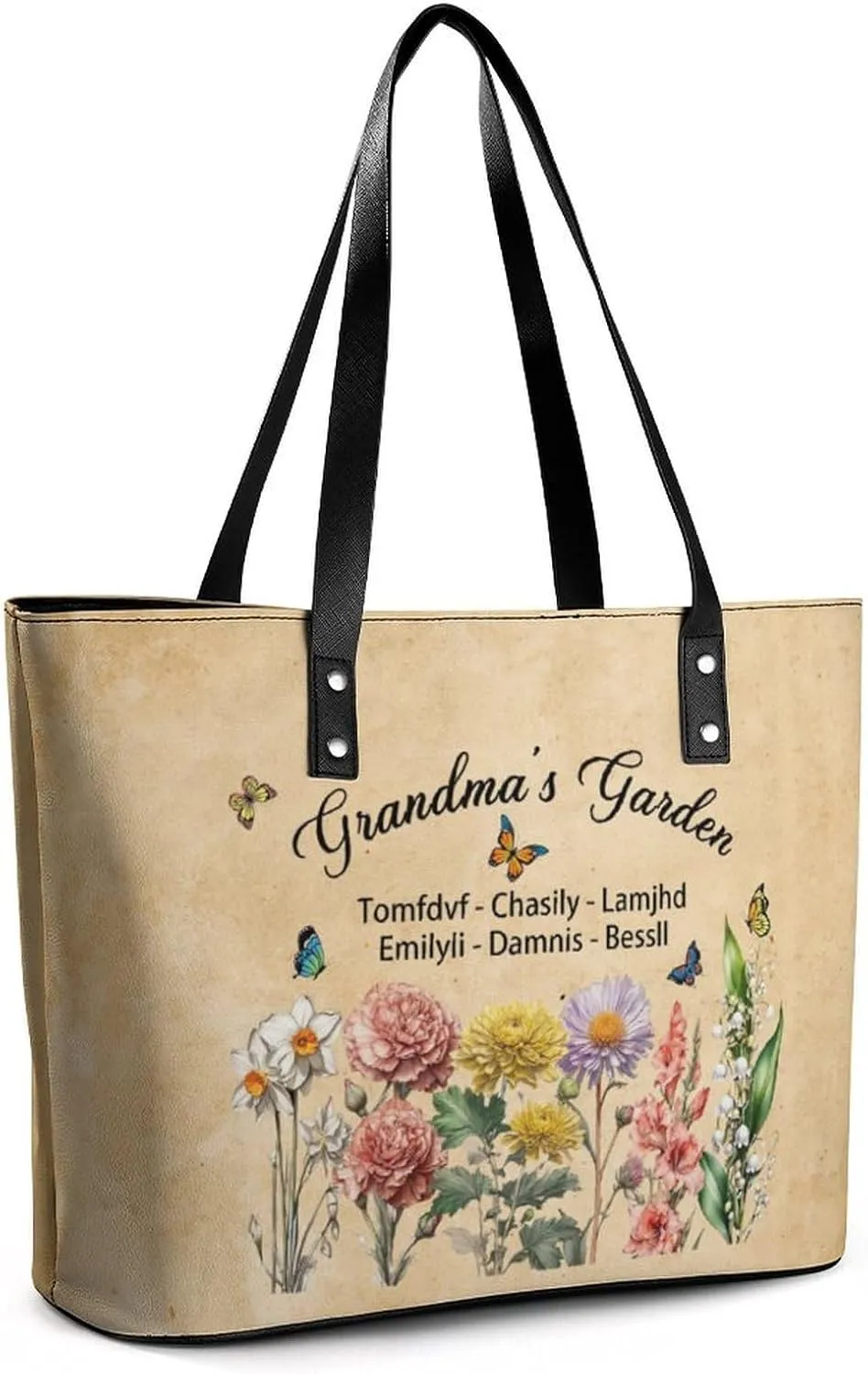 Personalized printed leather handbag, handbag with name birthday flower, suitable for beach, work, travel, gift for mother