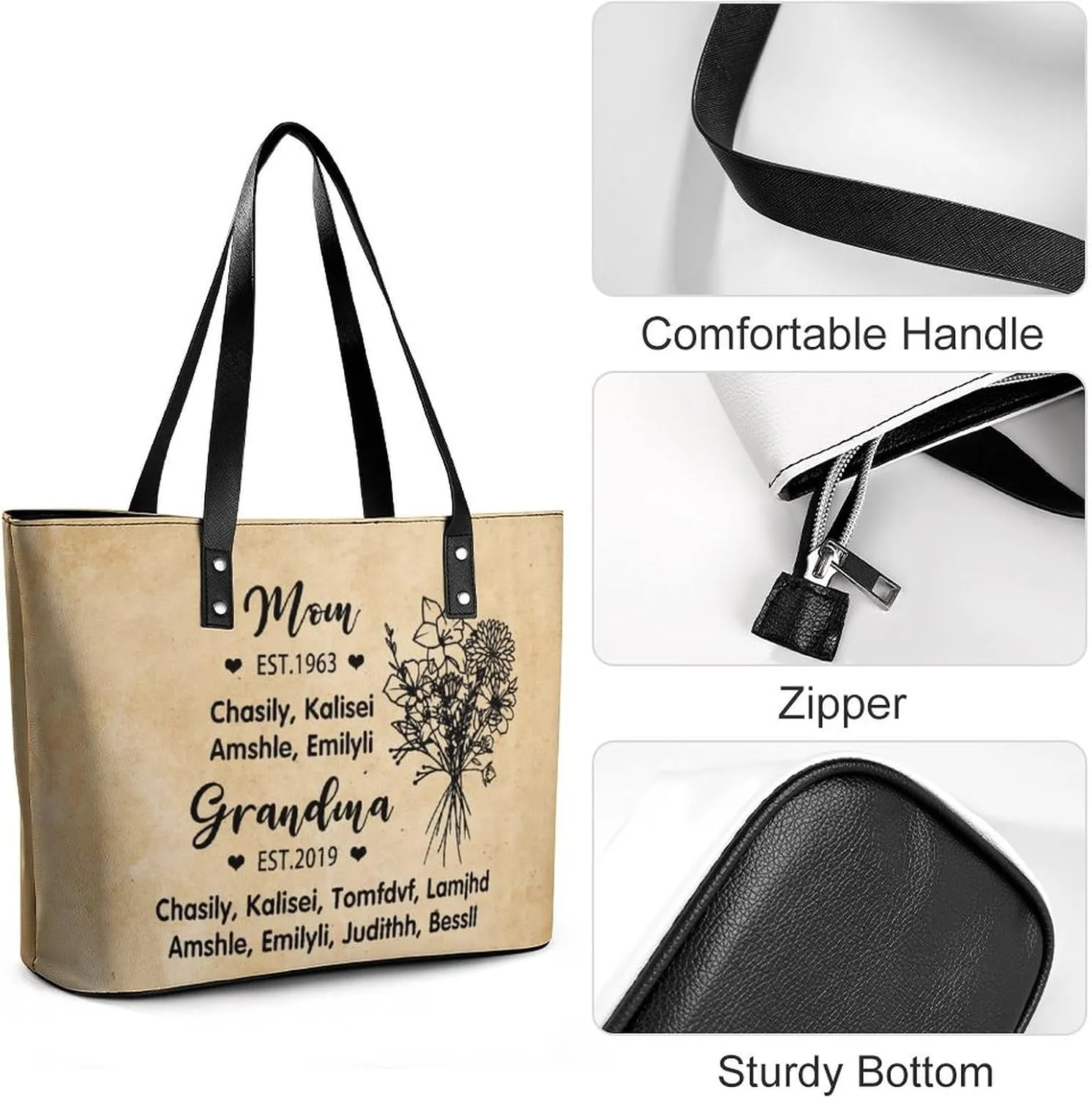 Personalized printed leather handbag, handbag with name birthday flower, suitable for beach, work, travel, gift for mother