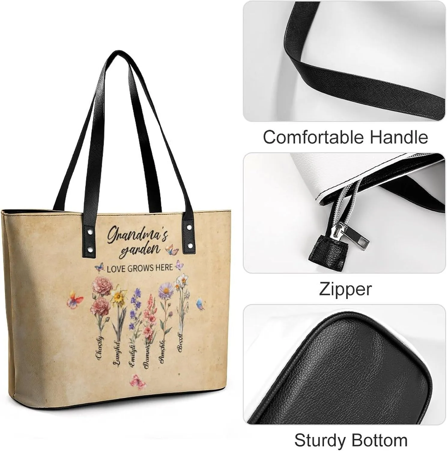 Personalized printed leather handbag, handbag with name birthday flower, suitable for beach, work, travel, gift for mother