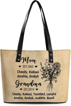Personalized printed leather handbag, handbag with name birthday flower, suitable for beach, work, travel, gift for mother