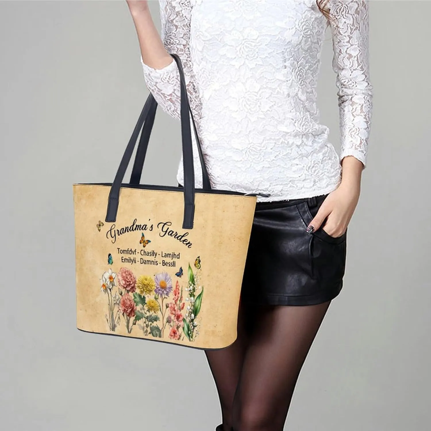 Personalized printed leather handbag, handbag with name birthday flower, suitable for beach, work, travel, gift for mother