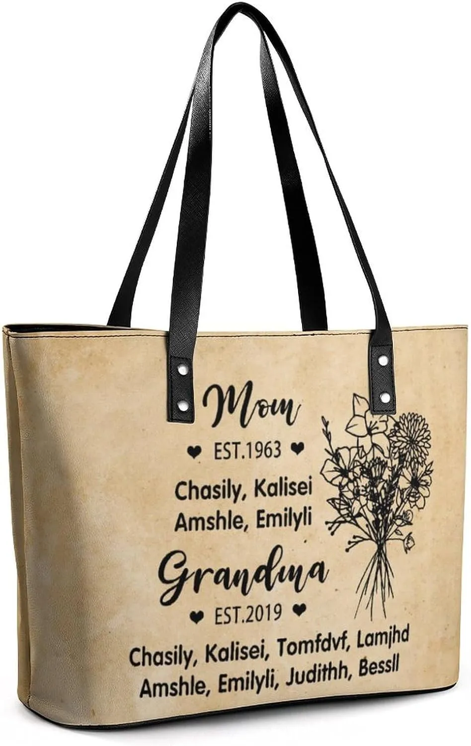 Personalized printed leather handbag, handbag with name birthday flower, suitable for beach, work, travel, gift for mother
