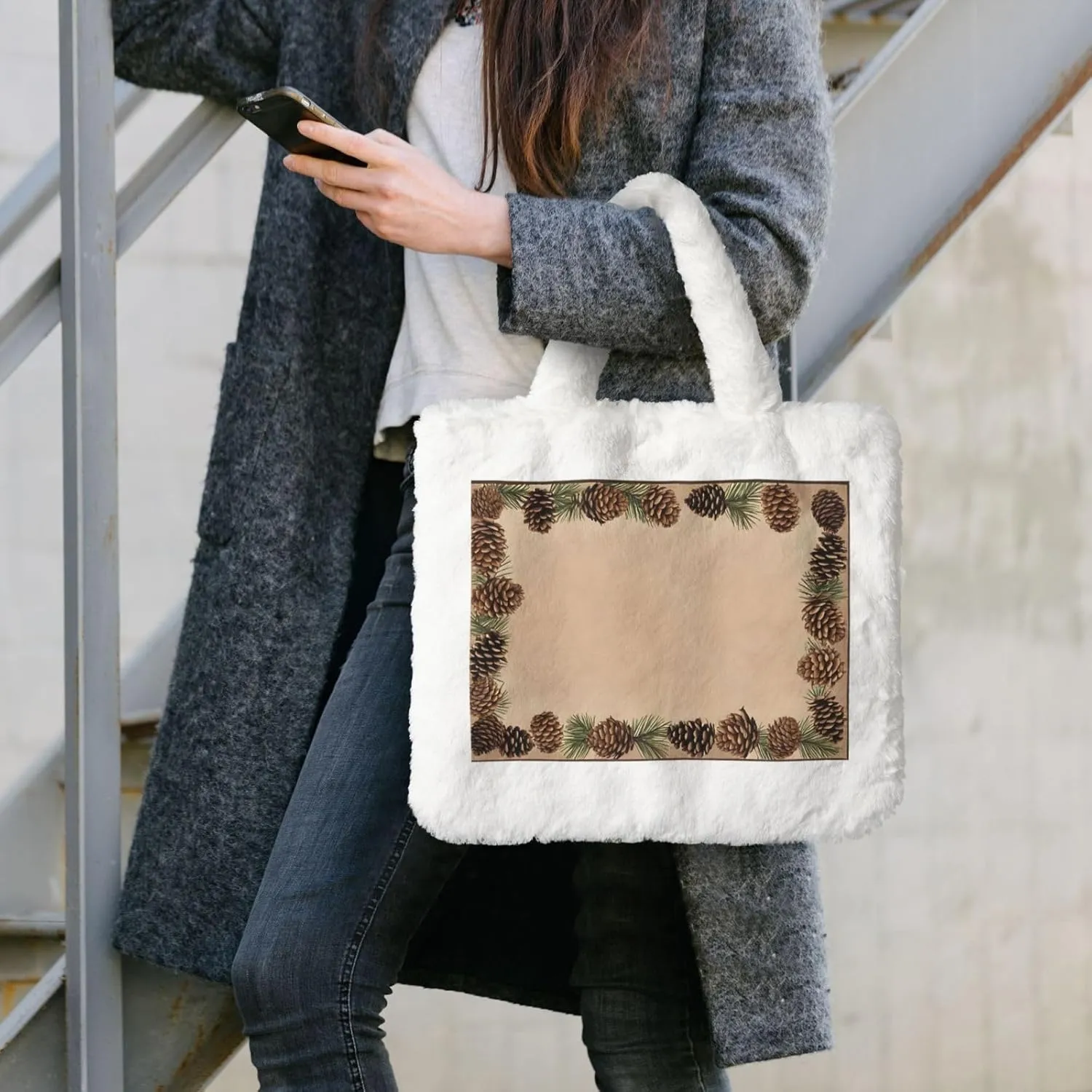 Pine Cone Border Plush Handbag, Comfortable Touch, Stylish And Compact, Suitable For Daily Travel