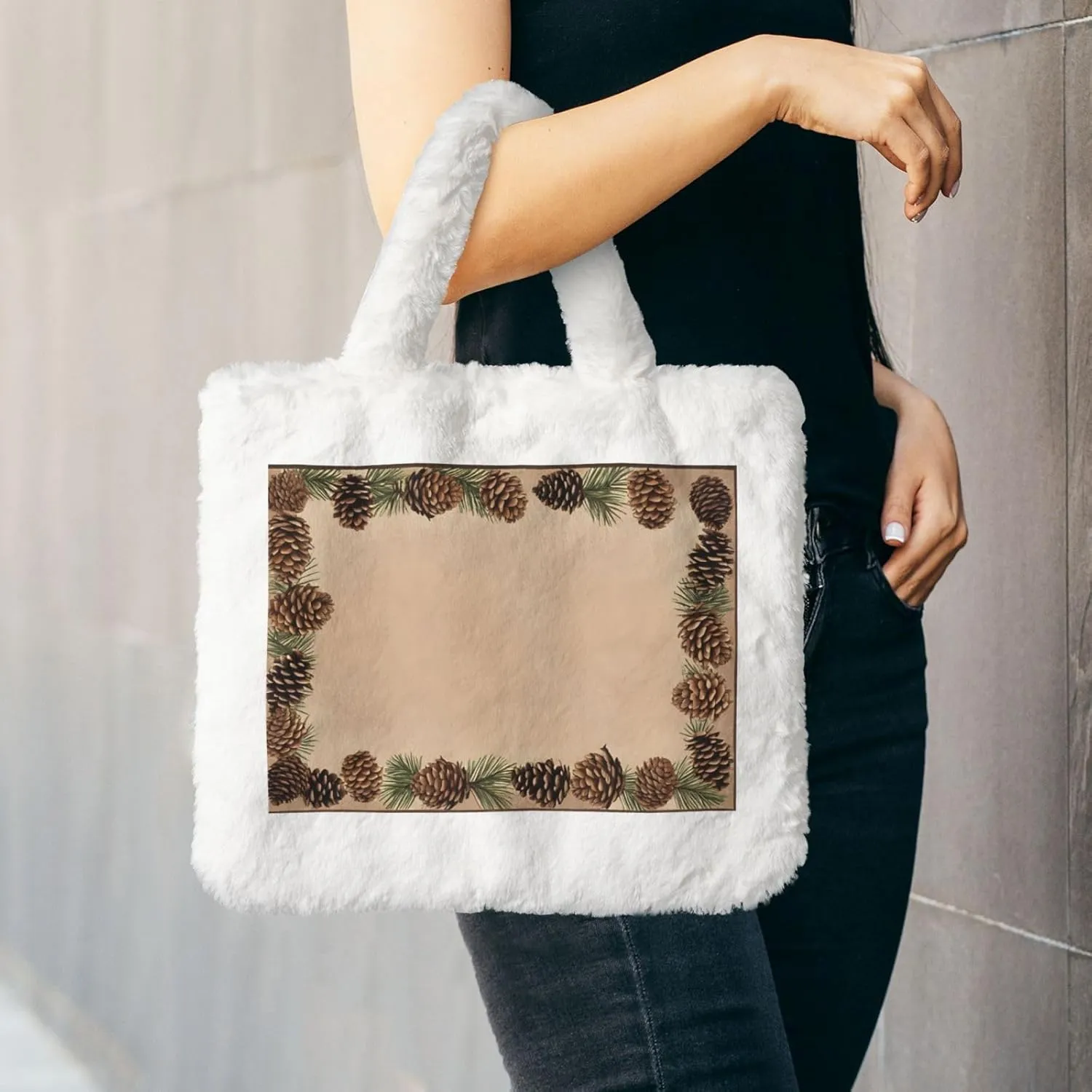 Pine Cone Border Plush Handbag, Comfortable Touch, Stylish And Compact, Suitable For Daily Travel