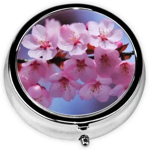 Pink Cherry Blossoms Pill Box Round Pill Case for Pocket Purse 3 Compartment Medicine Pill Organizer Cute Portable Travel Pillbox Vitamin Cod Liver Oil Storage Box Unique Gift Organizer