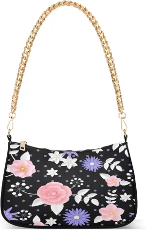 Pink Flower Womens Shoulder Bag for Women Hobo Tote Handbag Gold Chain Crossbody Bag with Zipper Clutch Purse Handbags