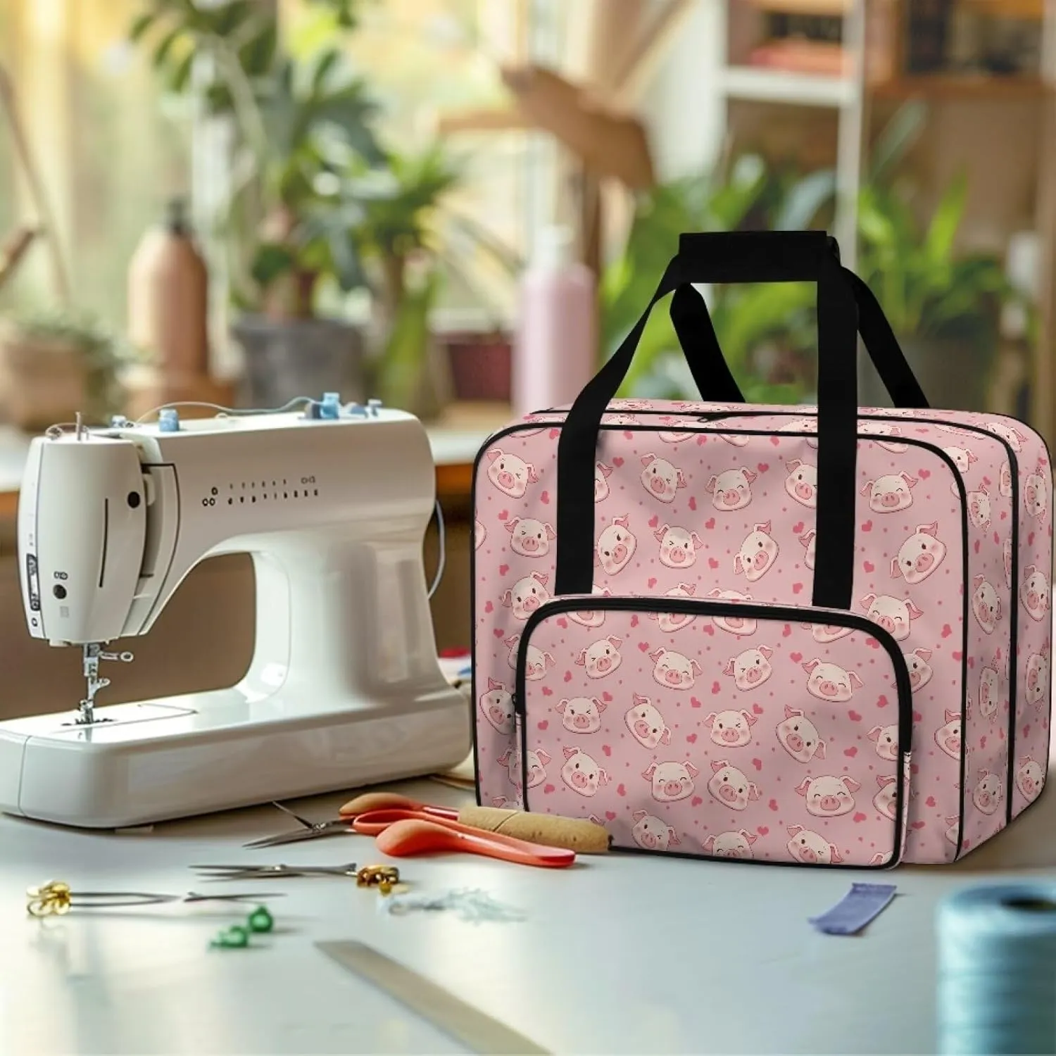 Pink Pig Sewing Machine Carrier Tote Bag for Sewing Machine Portable Sewing Case with Multiple Storage Pockets, Household Sewing Machine Handbags for Most Singer, Brother